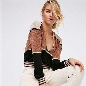 Free People Gold Dust Colorblock V Neck Sweater M